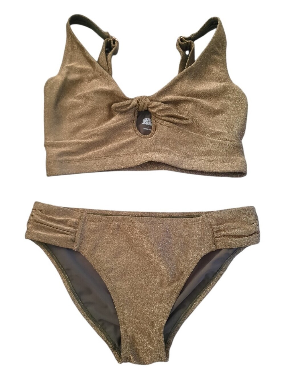 Wave Zone Gold Metallic Shimmer Bikini Top Ruched Bottom Set Size Large